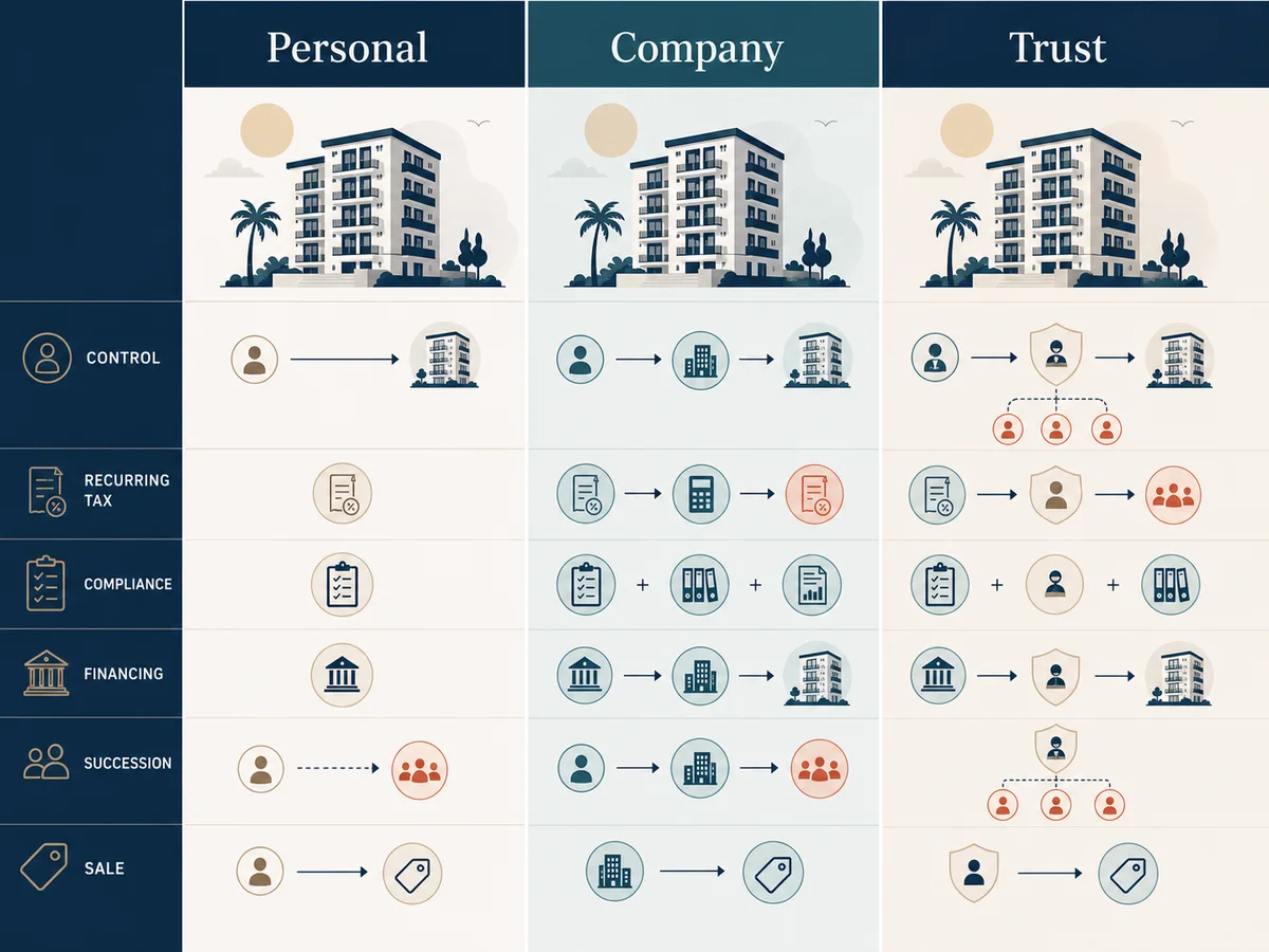 Comparison of personal, company and trust property ownership across control, tax, succession and compliance