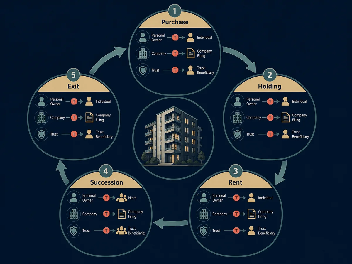 Property ownership lifecycle from acquisition through annual rent, succession and final sale