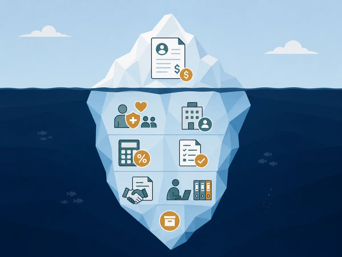 Total-cost iceberg showing visible compensation above payroll, tax, compliance, transition, and wind-down costs
