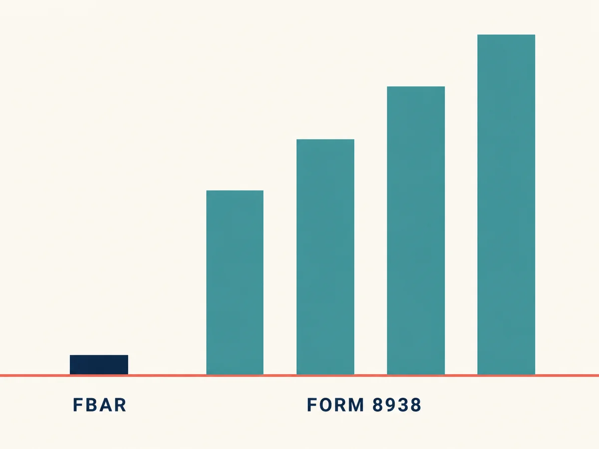 Bar diagram contrasting the ten thousand dollar FBAR reporting floor against the much higher Form 8938 thresholds