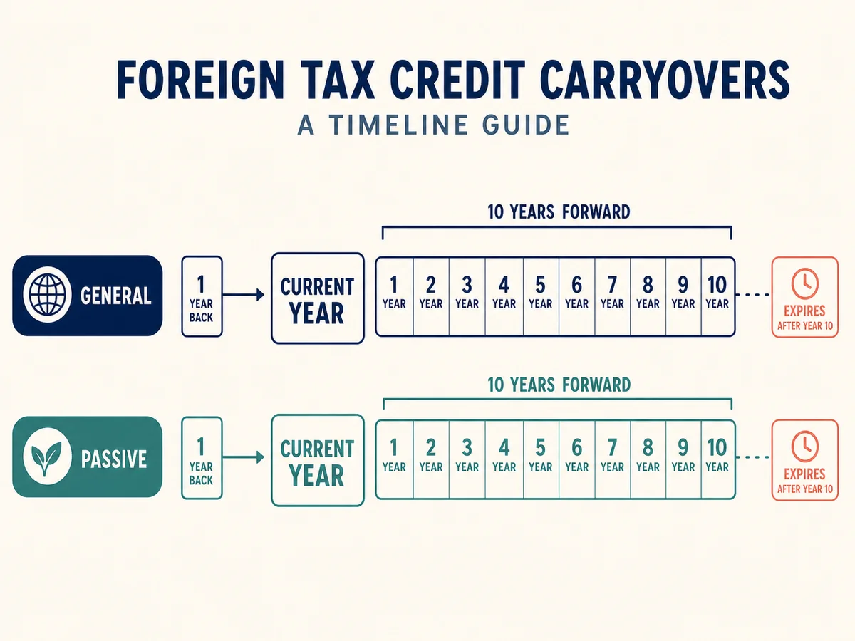 Calendar infographic showing one-year foreign tax carryback and ten-year carryforward tracking by income category