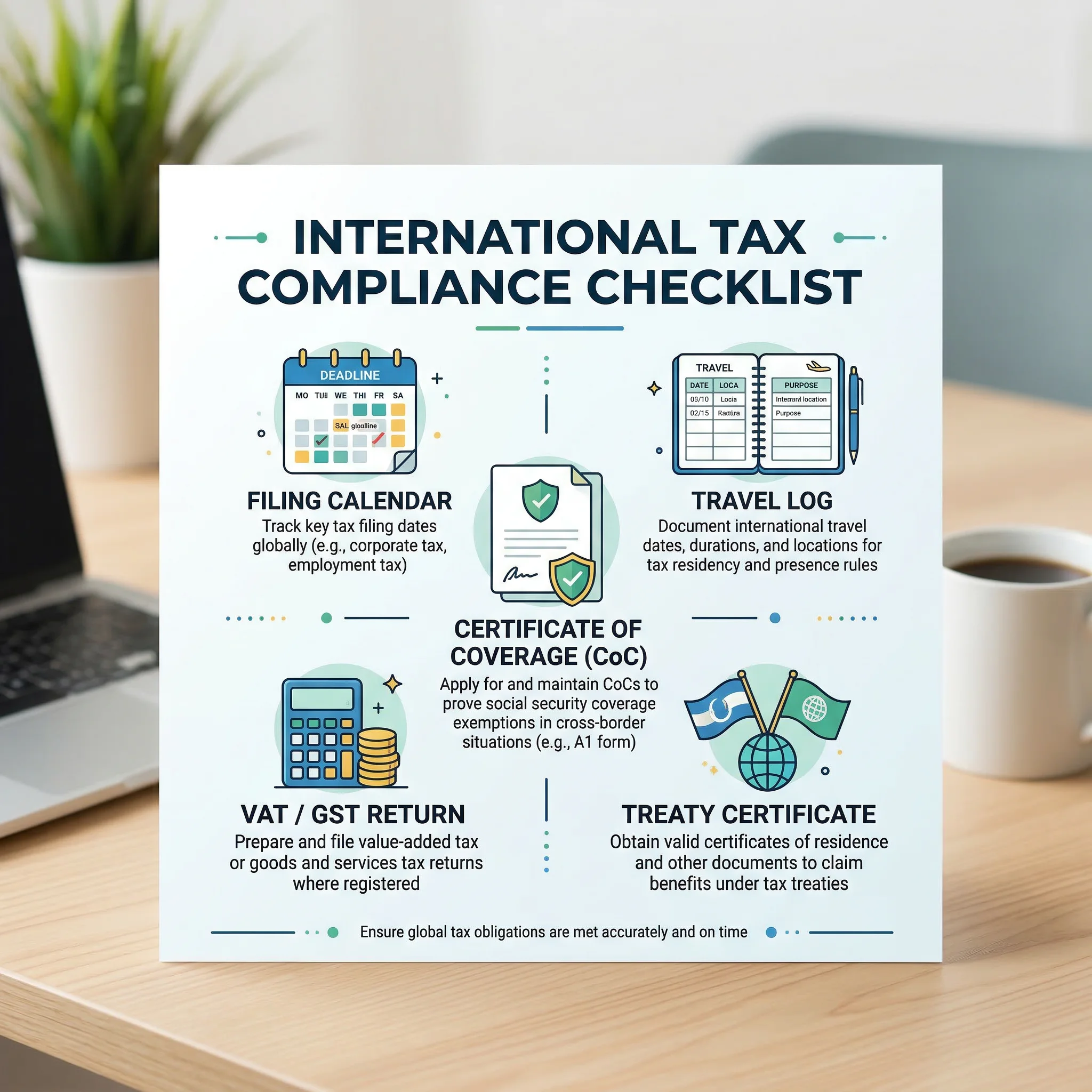 Checklist-style illustration showing travel logs, certificates of coverage, VAT returns, and filing deadlines for an international founder