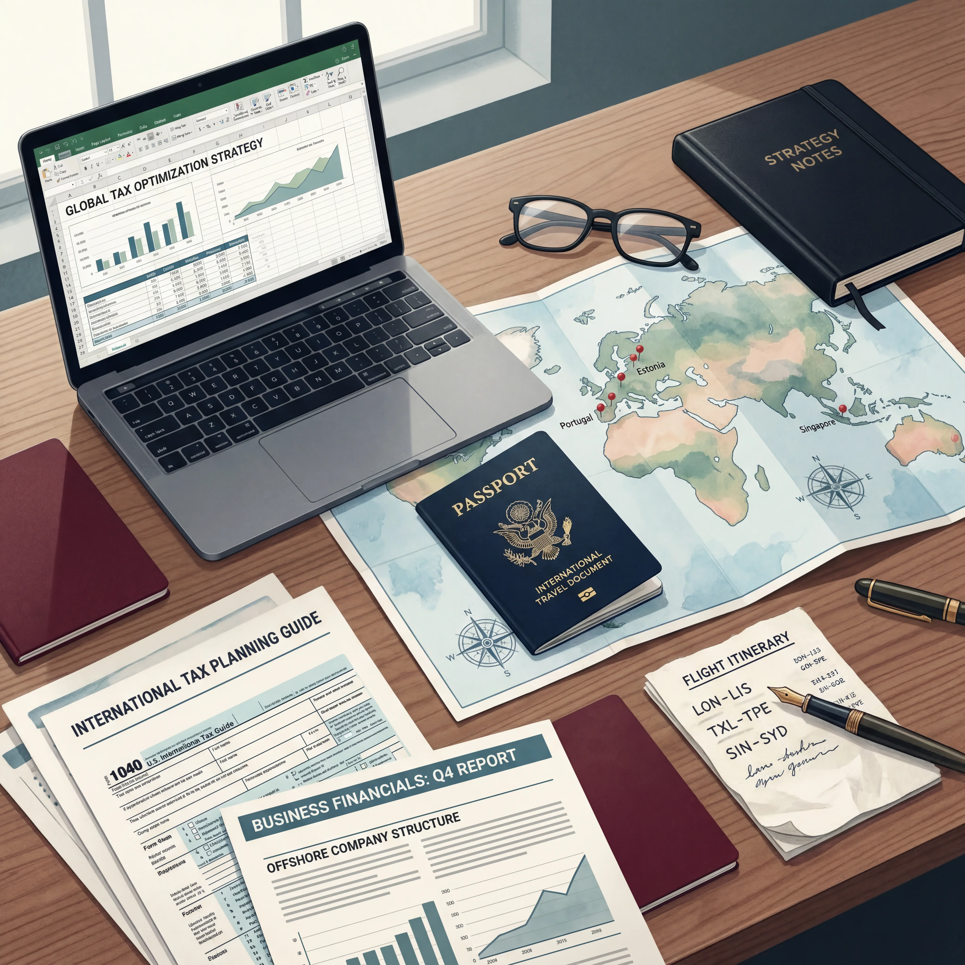 Editorial illustration of a passport, laptop, tax forms, and business records arranged on a desk for cross-border planning