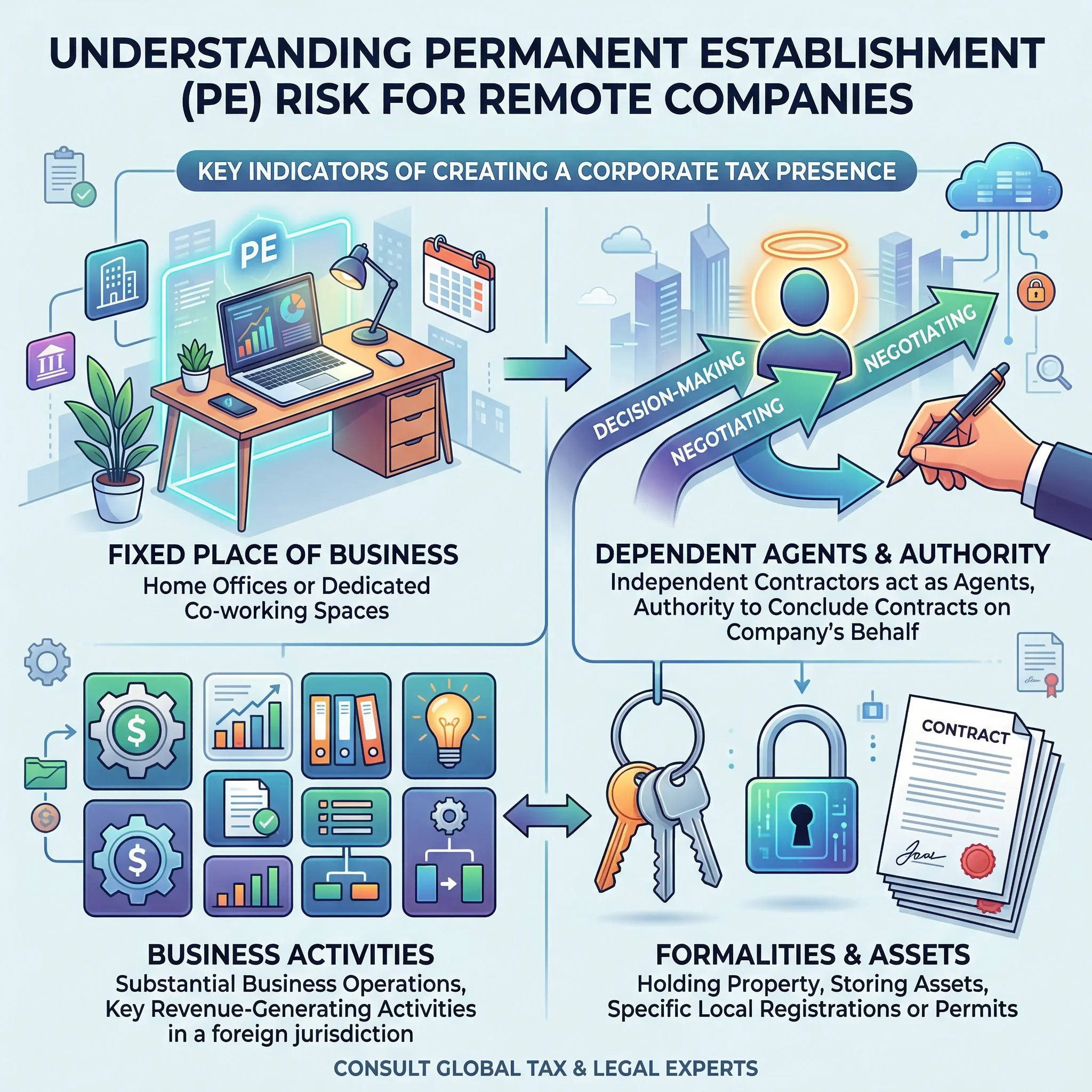 Editorial diagram showing how contracts, office space, and agent authority can create permanent establishment risk