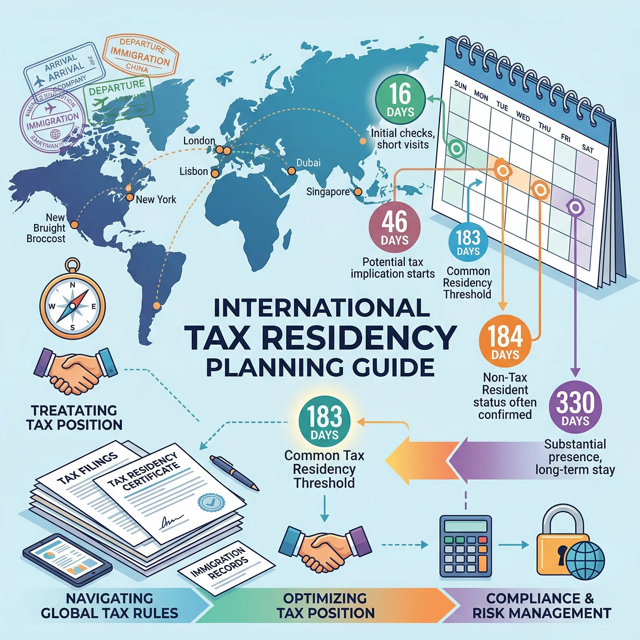 Infographic of a calendar, passport stamps, and world map showing residency day-count thresholds for roaming founders