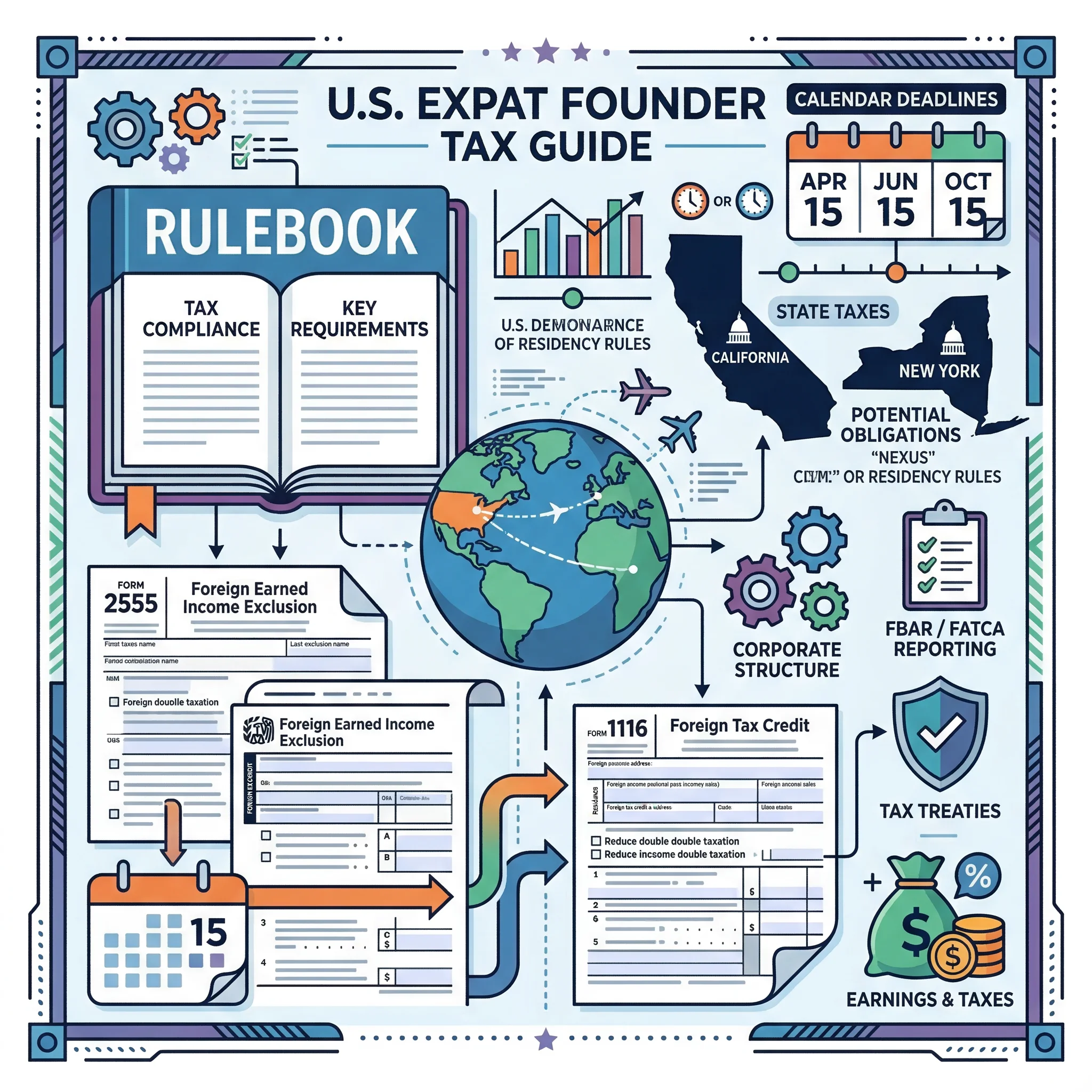 Infographic showing FEIE, foreign tax credit, treaty limits, and state residency traps for U.S. founders abroad