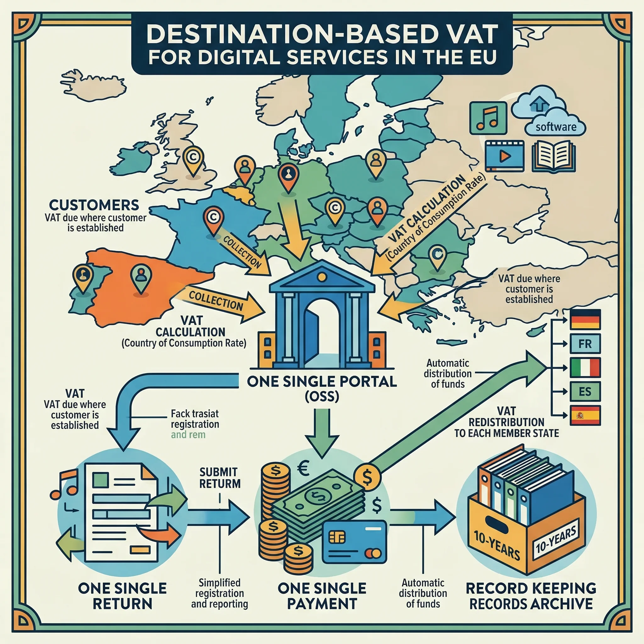 Infographic showing destination-based VAT and the EU OSS one-registration one-return one-payment process