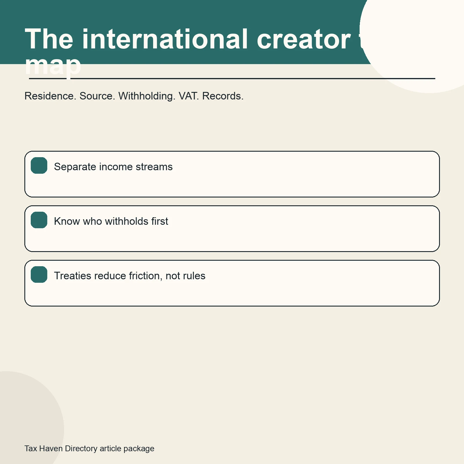 Editorial artwork showing a creator workspace with tax forms, platform payouts, and a world map