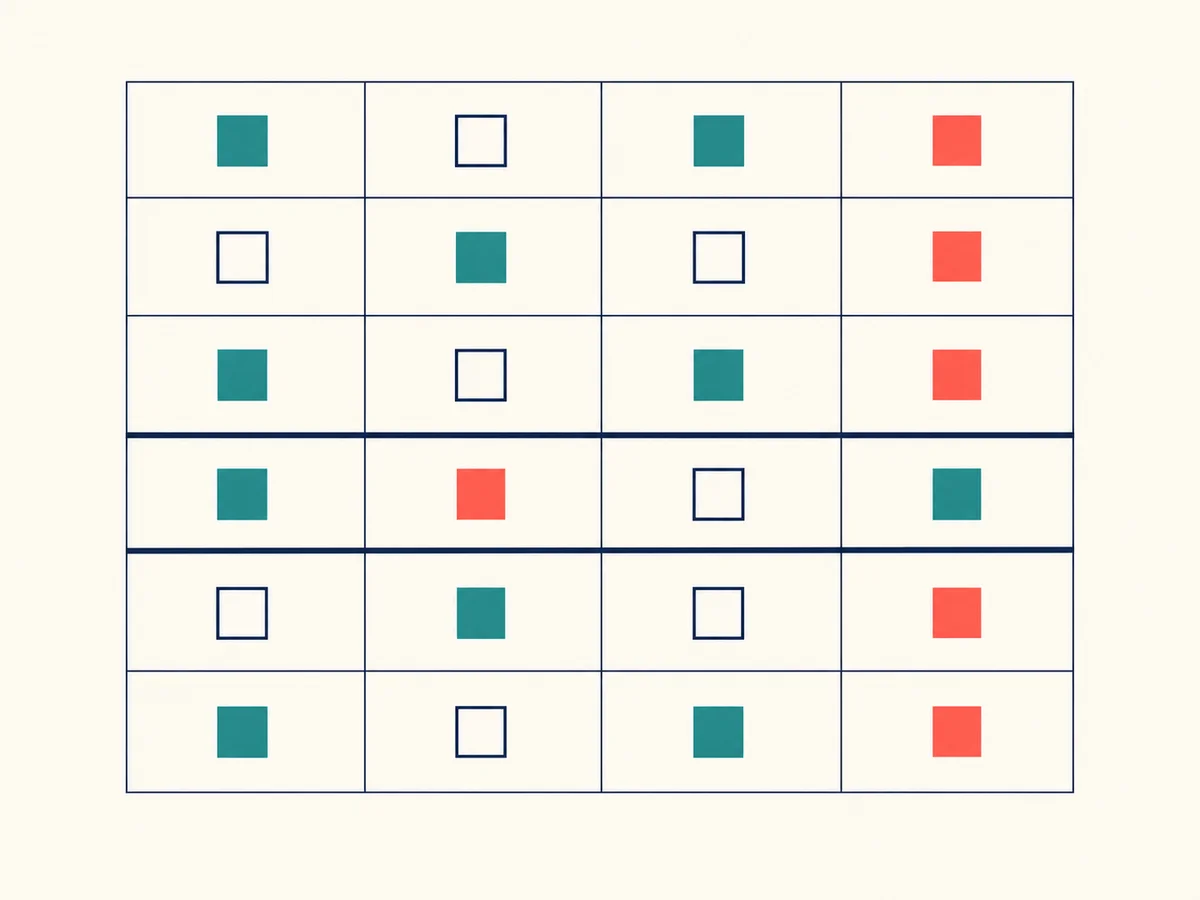Editorial grid of domicile factors where identical cells carry opposite weights in adjacent columns