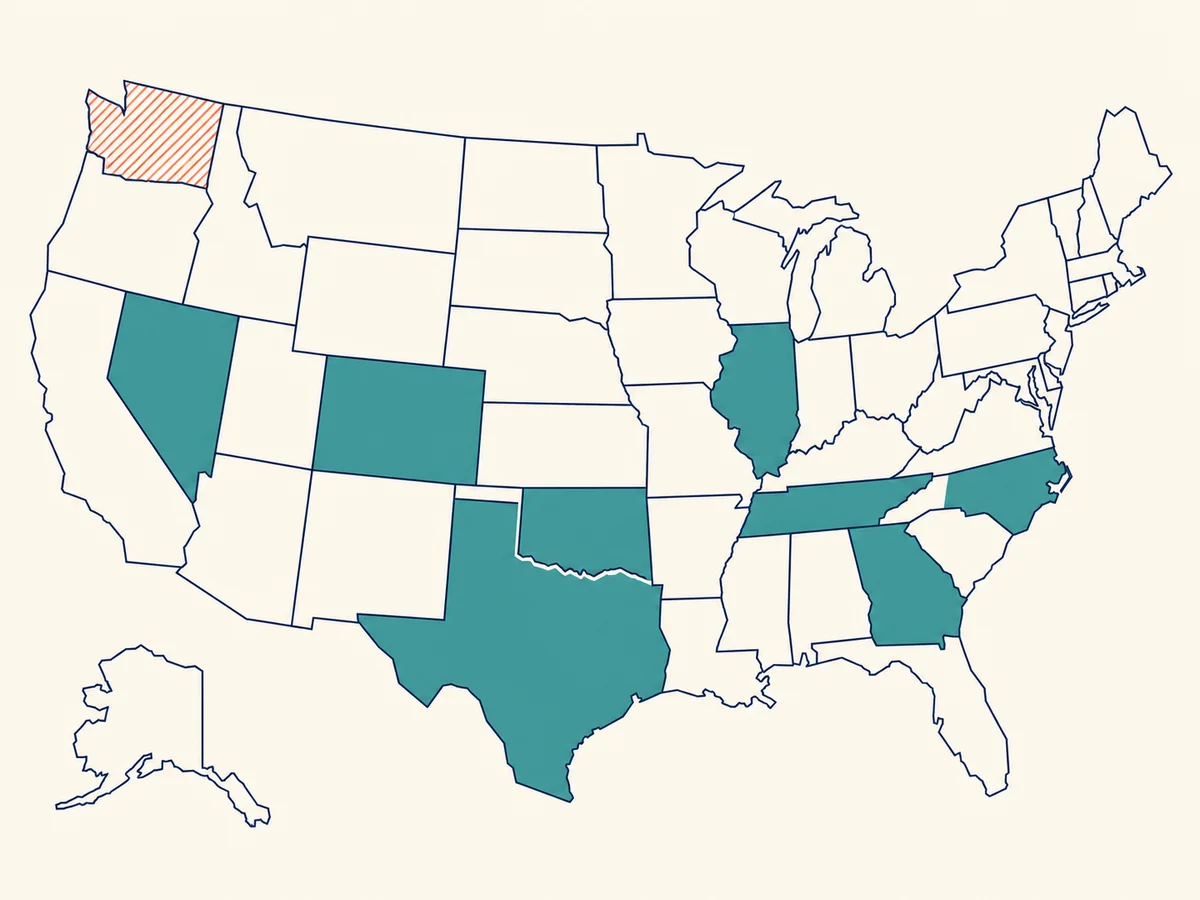 Editorial map of the United States with eight states shaded for no income tax and one for a capital-gains-only regime
